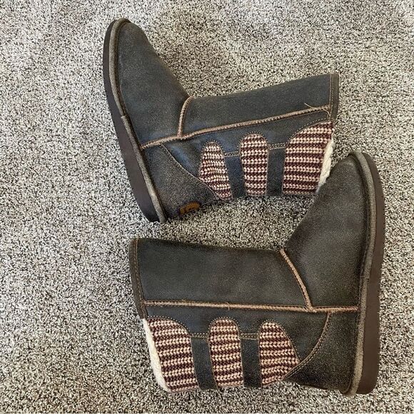 BearPaw Boshie Chestnut Distressed Leather Knit Combo Booties Women’s size 9 - Picture 5 of 8